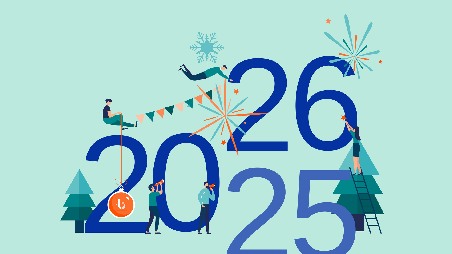 Illustration mit großen Jahreszahlen 2025 und 2026, umgeben von Menschen, die mit Feuerwerk, Dekoration und Symbolen den Jahreswechsel feiern.