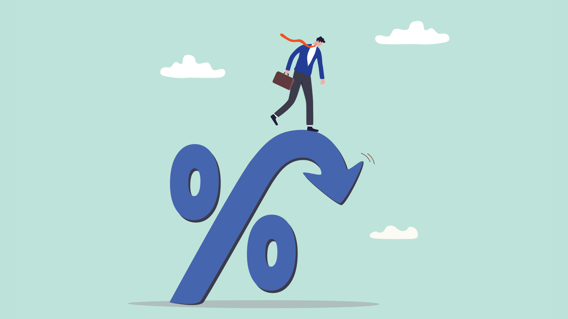 Illustration eines Geschäftsmanns mit Aktenkoffer, der auf einem großen Prozentzeichen steht. Das Prozentzeichen ist als Pfeil nach unten geformt und symbolisiert sinkende Unternehmenssteuer