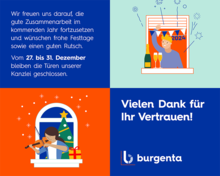Grafik mit einem textlichen Weihnachts- und Silvestergruß sowie der Info, dass die Kanzlei burgenta vom 27. bis 31. Dezember geschlossen bleibt.