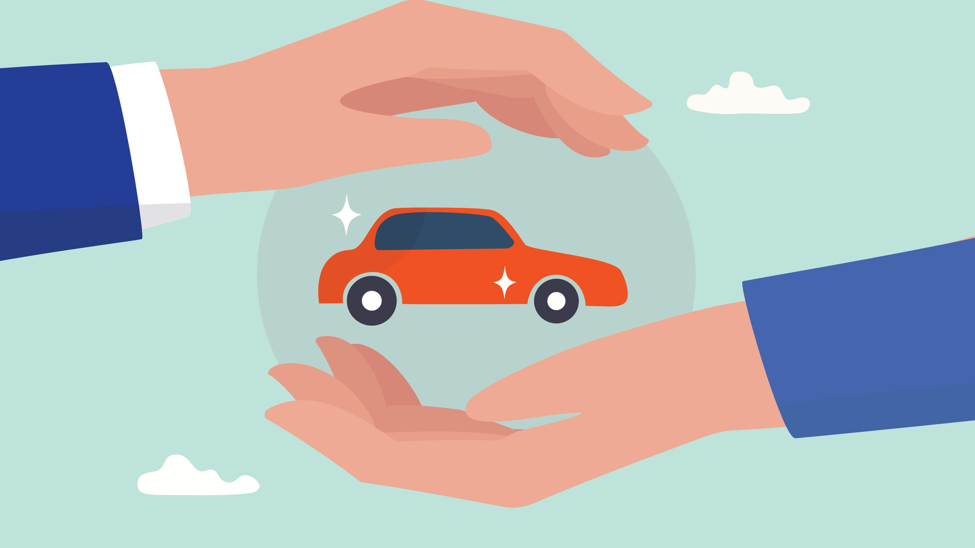 Zwei Hände umschließen schützend ein Auto - Symbolgrafik zur privaten Nutzung eines Firmenwagens.