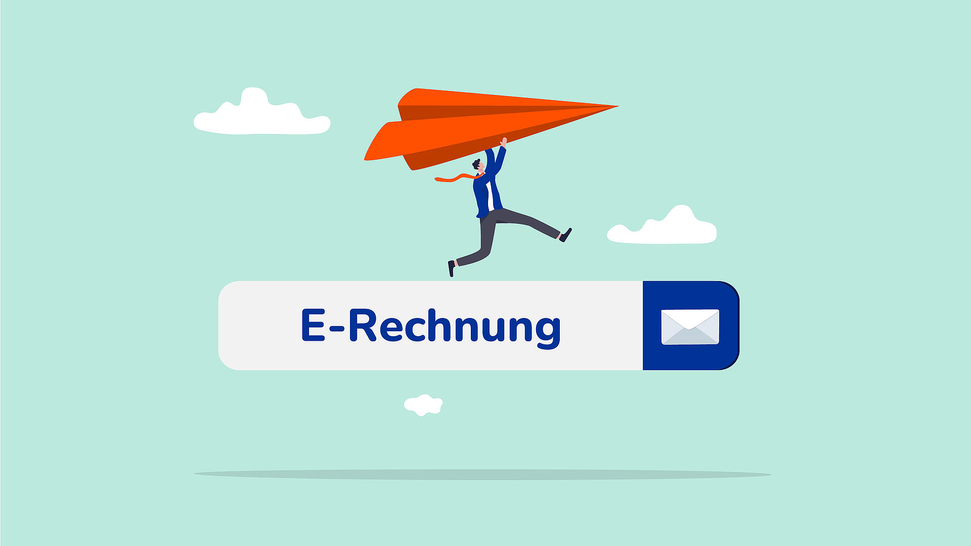 Illustration eines Mannes, der einen Papierflieger in der Hand hält. Er steht auf einem Eingabefeld mit der Aufschrift „E-Rechnung“.