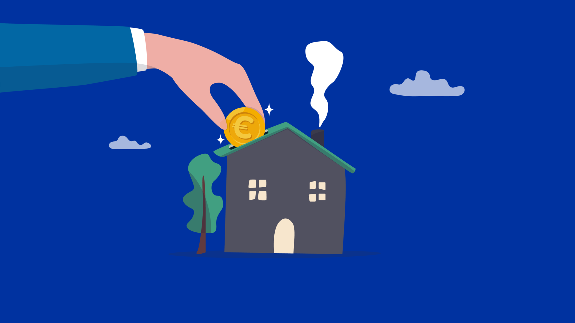 Illustration einer Hand, die eine Euro-Münze in das Dach eines Hauses einwirft. Das Haus ist beleuchtet, der Hintergrund dunkelblau.