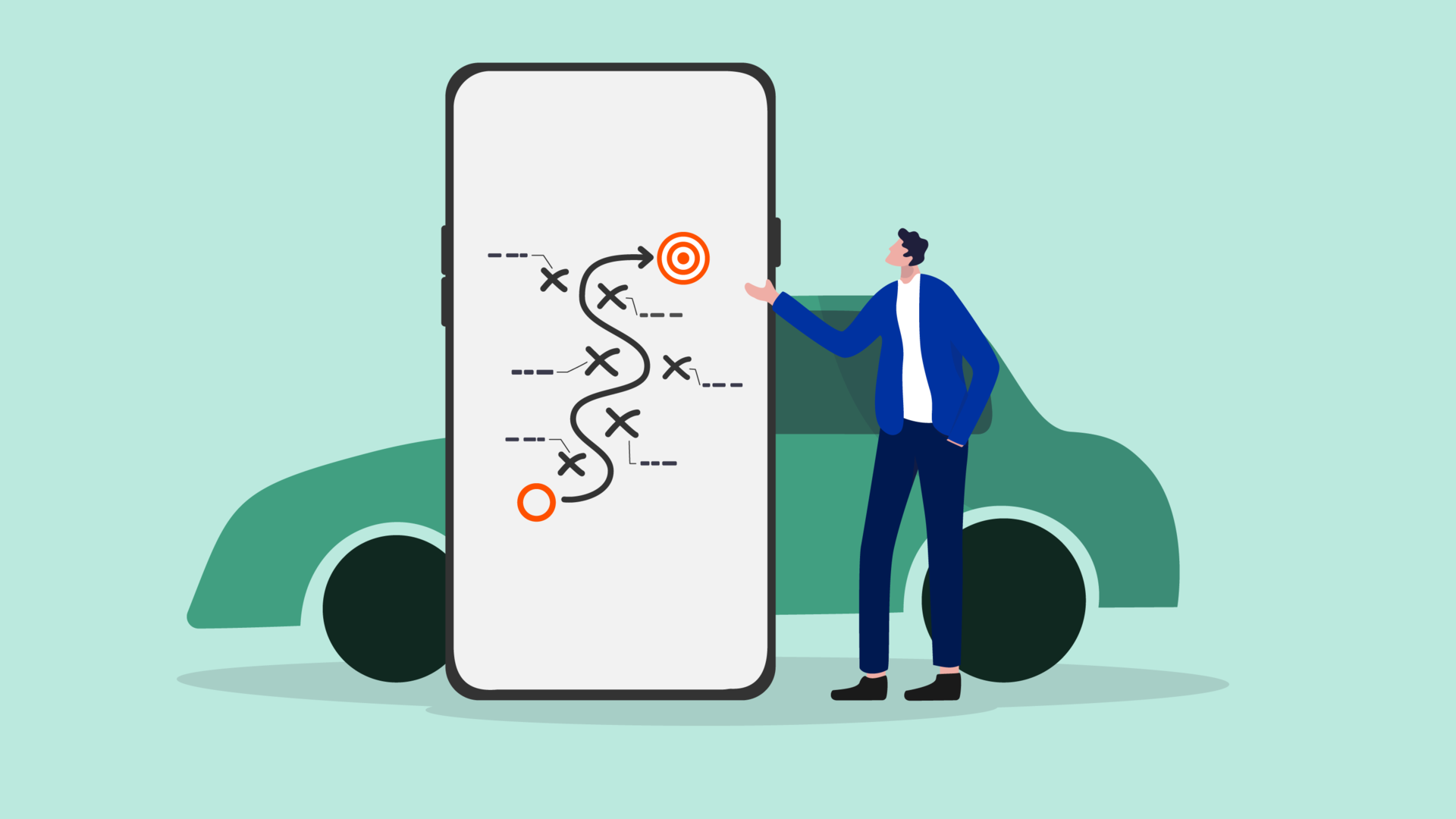 Illustration eines Mannes, der vor einem Auto steht und ein übergroßes Smartphone in der Hand hält, auf dem eine Route abgebildet ist.