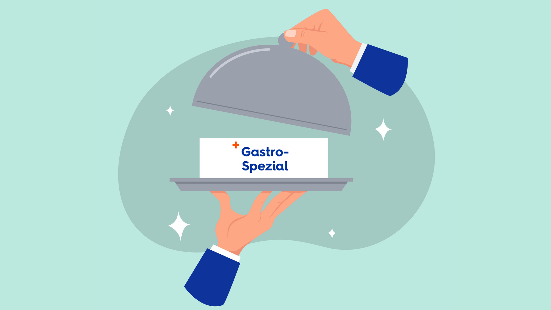Eine Hand hält ein Serviertablett, eine andere and öffnet die Haube - auf der Platte ist ein Block mit Inschrift "Gastro Spezial" zu sehen