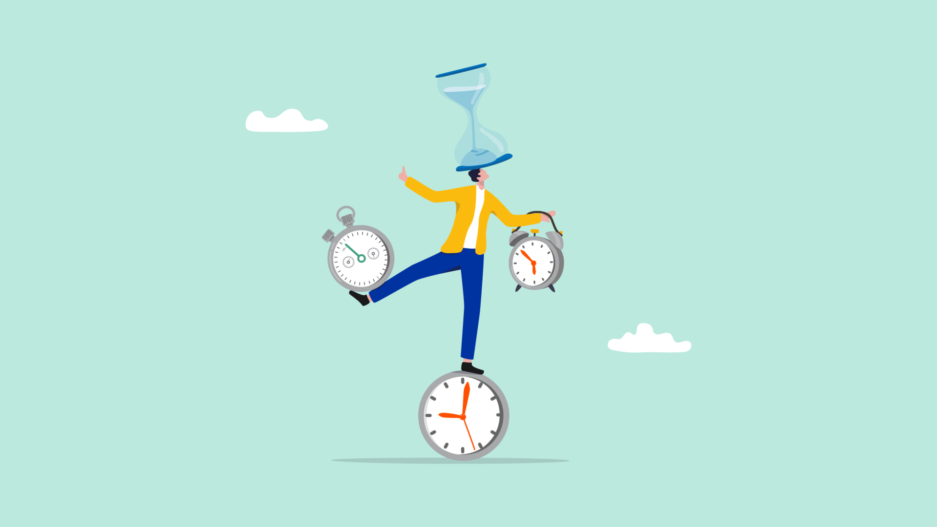 Illustration einer Person, die einbeinig auf einer großen Uhr balanciert. Mit Kopf, Arm und Bein werden ein Wecker, eine Stoppuhr und eine Sanduhr gehalten.