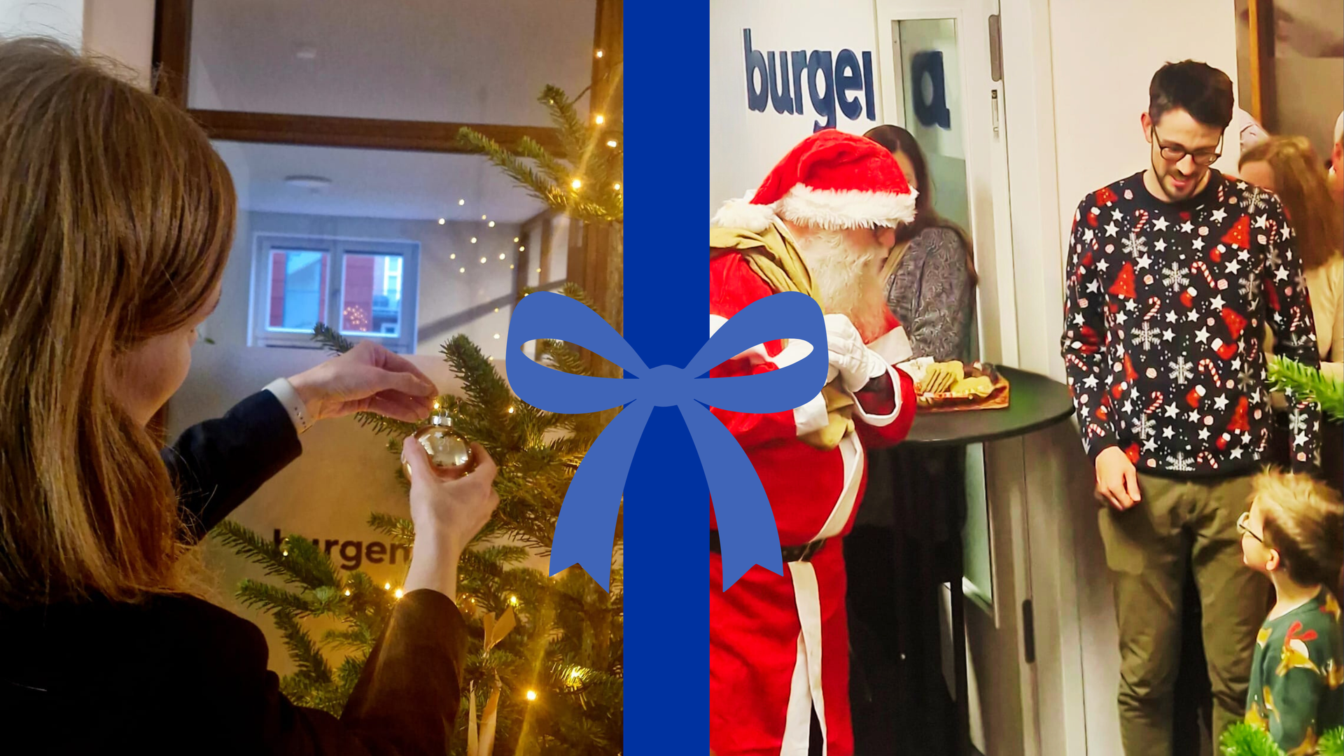 Collage aus vier weihnachtlichen Büroszenen mit geschmücktem Tannenbaum, Christbaumkugeln, Lichtern und einem Besuch vom Weihnachtsmann bei burgenta.