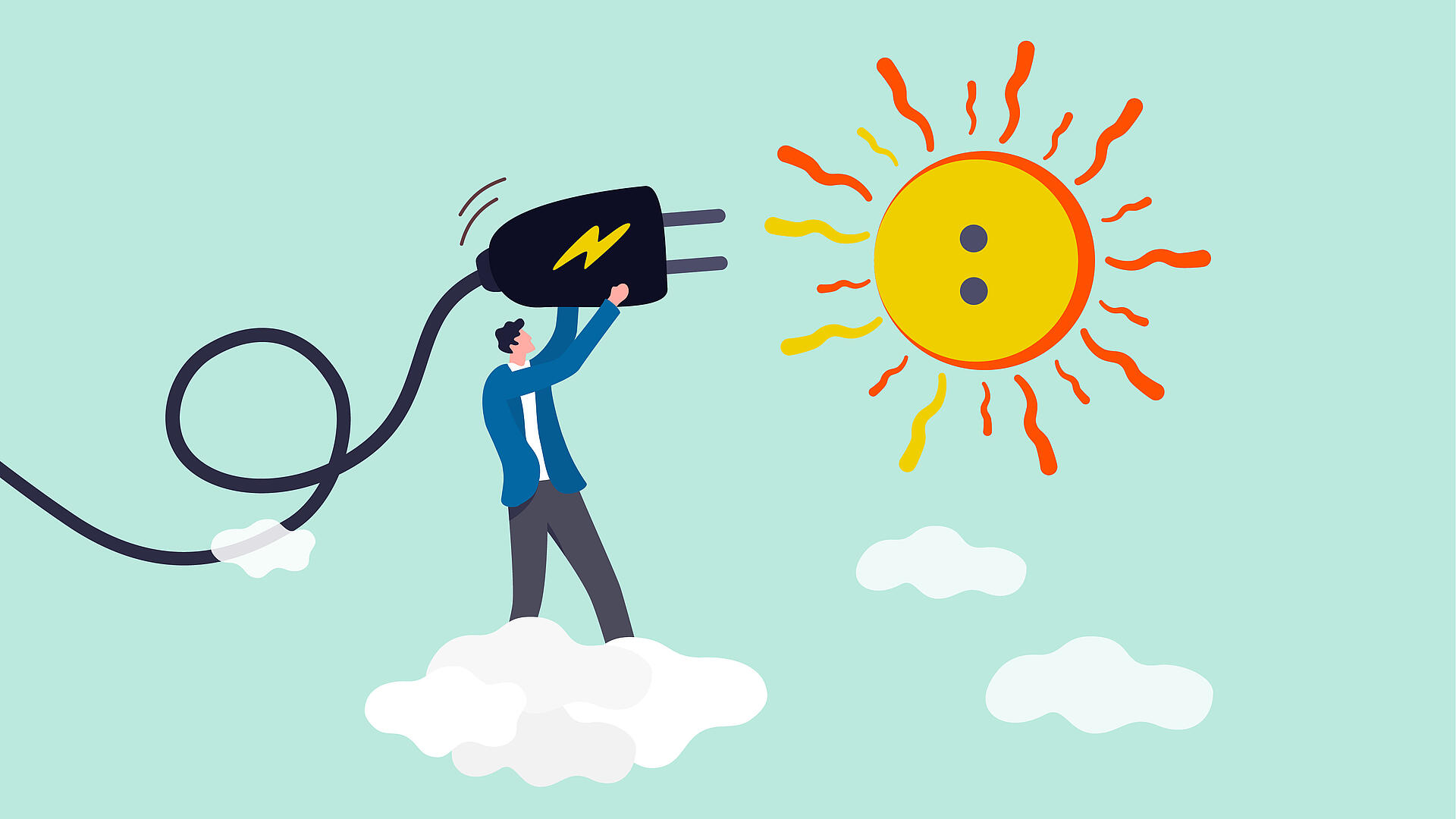 Illustration eines Mannes, der mit einem Stecker Strom von der Sonne abzapft.