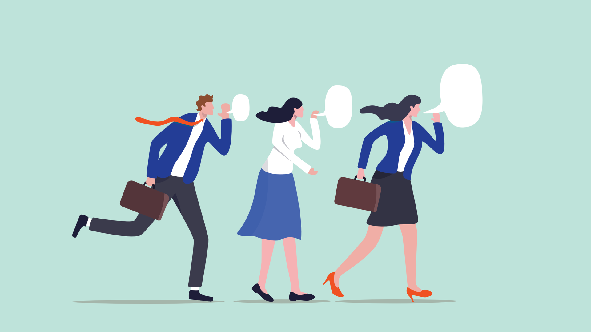 Drei Personen stehen hintereinander und geben sich nacheinander Informationen weiter, dargestellt durch Sprechblasen.