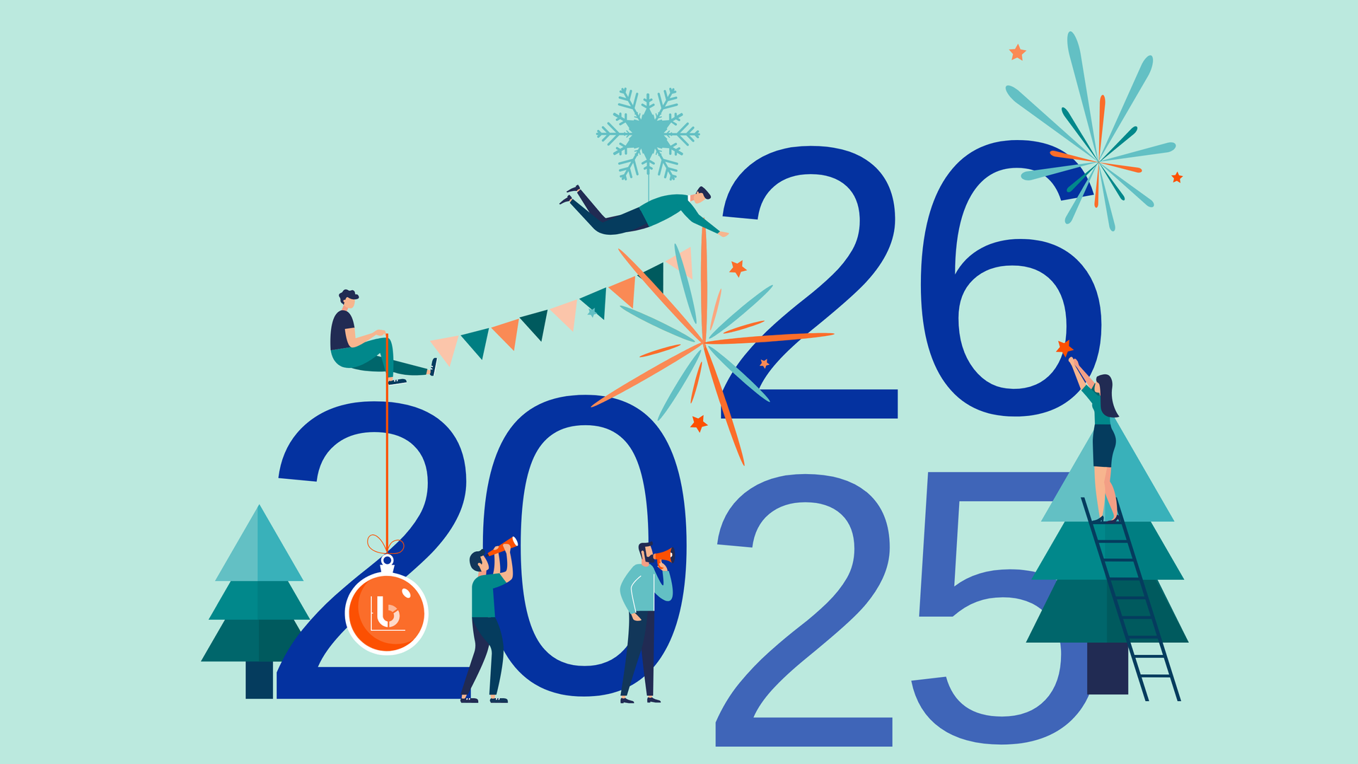 Illustration mit großen Jahreszahlen 2025 und 2026, umgeben von Menschen, die mit Feuerwerk, Dekoration und Symbolen den Jahreswechsel feiern.