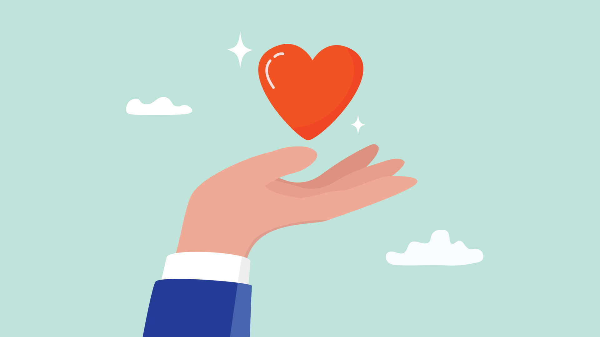 Illustration einer ausgestreckten Hand, über der ein rotes Herz schwebt und Unterstützung symbolisiert.